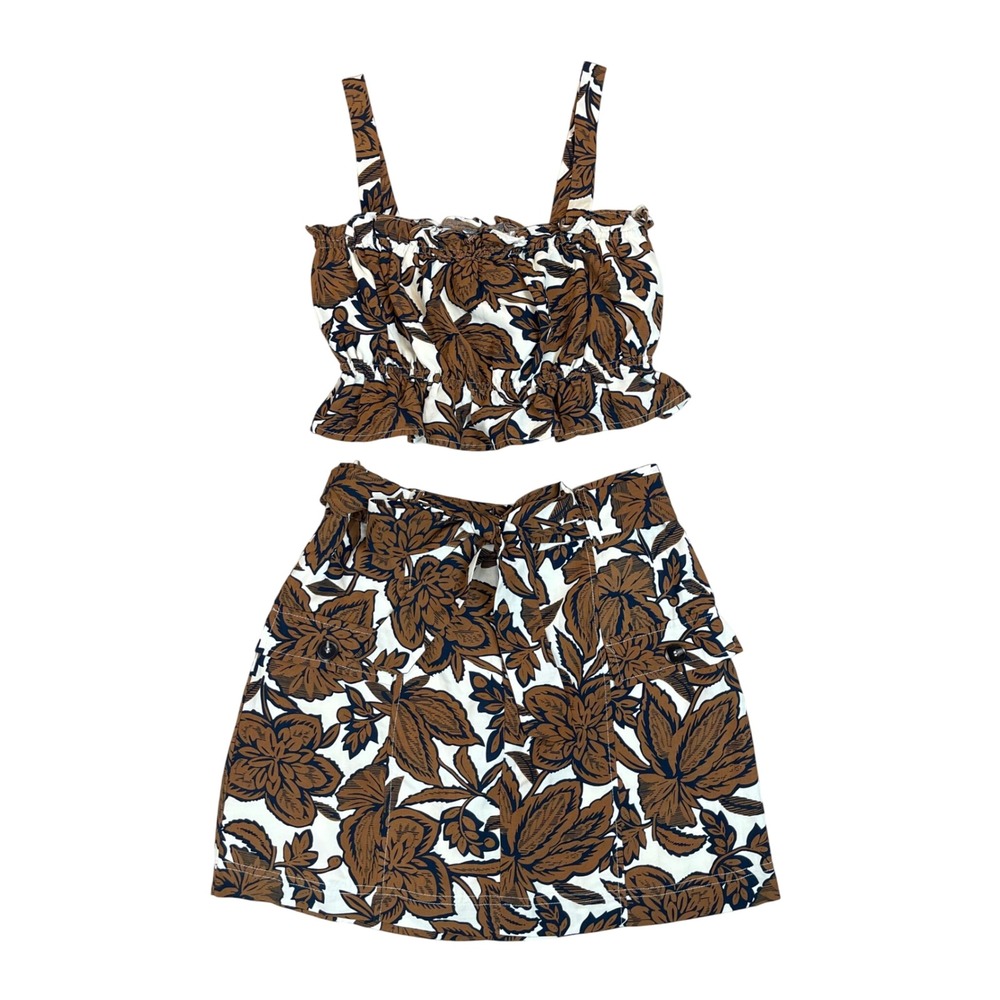 LUECCA Bohemian Floral Print Smocked Crop Top & Paperbag Waist Skirt Set M